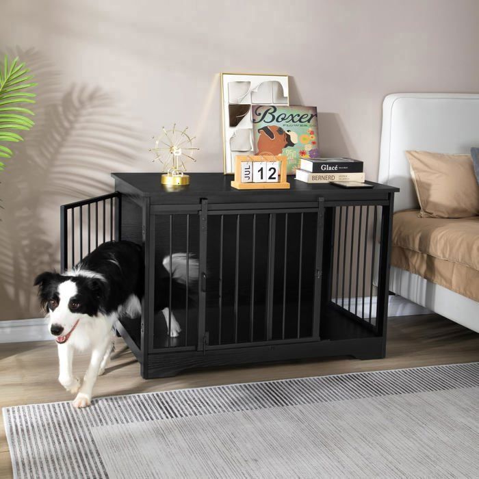 100 cm Meuble Cage Chien Cage Chien Interieur avec Porte coulissante 2 Portes Niche Moderne pour Chiens 60 x 100 x 68 cm Noir