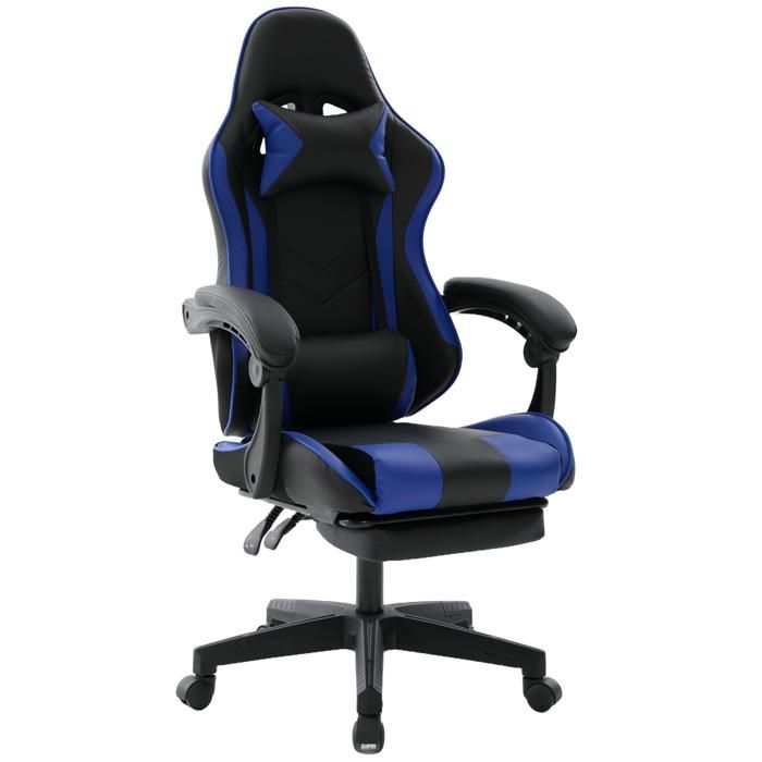 DELMAN Chaise gaming , avec repose-pieds escamotable et appui-t&ecirc;te, similicuir bleu, dossier inclinable, base en plastique renforc&eacute; 