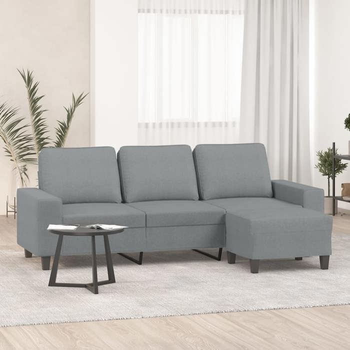 Gris Canapé pour 3 places - KEETHE - Sofa Fixe - 2 Ans Garantie - avec repose-pieds - Gris clair 180 cm- Tissu LL192
