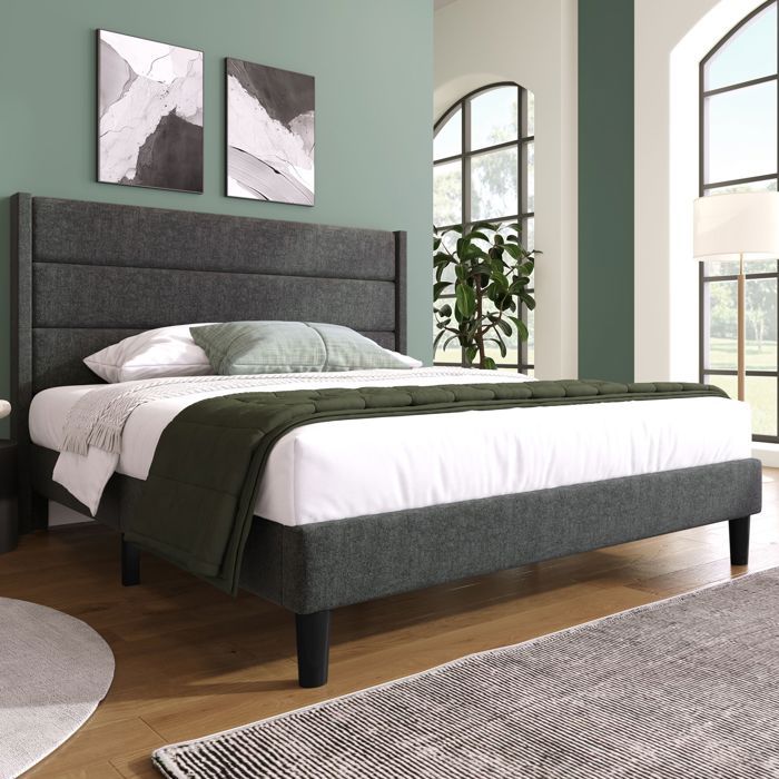 Lit rembourré - SOGEU - 140 x 200 cm - Velours gris - Sommier à lattes inclus - Coffre de rangement