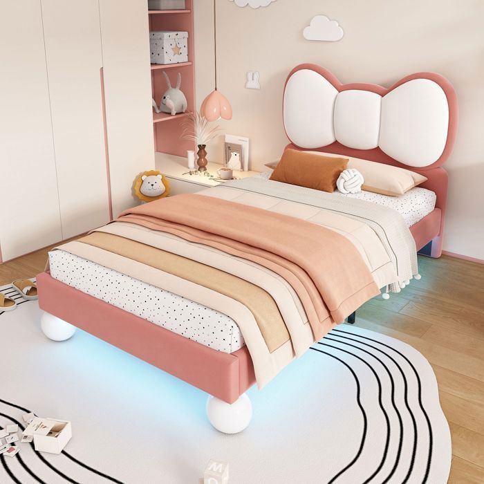 Lit enfant 90x200 cm lit fille avec lumière LED sommier à lattes lit simple avec tête de lit à nœud- tissu velours -Rose