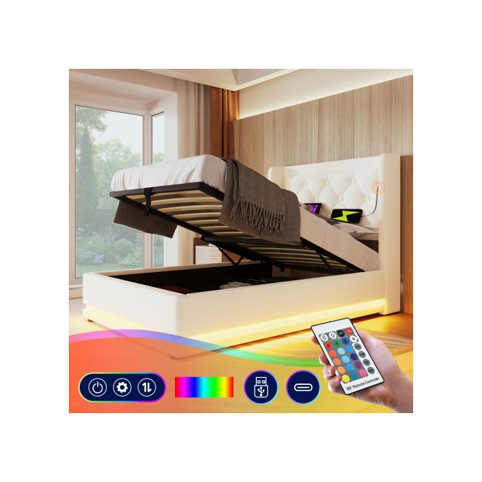 Lit Coffre 90x200 avec LED Lit simple en simili cuir blanc tête de lit avec USB/Type-C et sommier relevable hydraulique