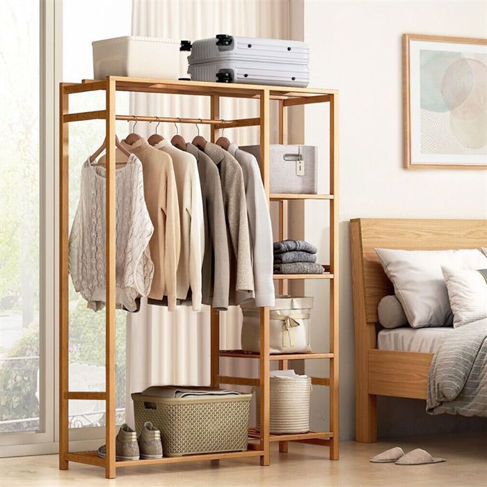 Armoire Ouverte en Bambou Durable - Porte Manteau sur Pieds avec Rideau pour Chambre Salon Vestiaire - 91x30x146cm Charge 45kg