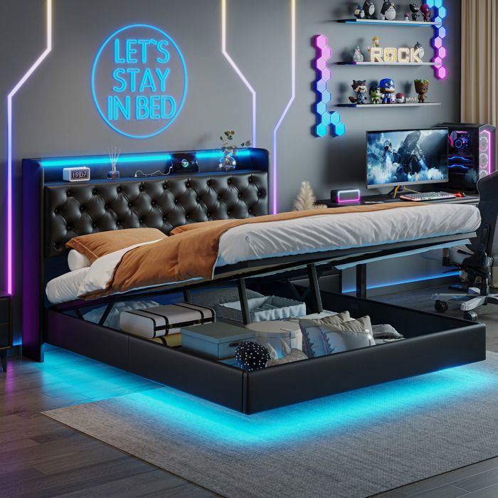 Lit capitonné 140×200 cm avec Sommier LED et USB Lit coffre 140×200 avec rangement et tête de litlit double adulte lit 2 personnes