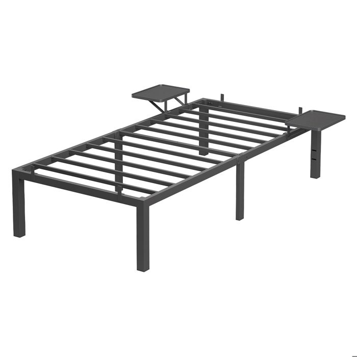 Lit simple - Cadre en métal - Étagères de rangement - Tête de lit - Noir