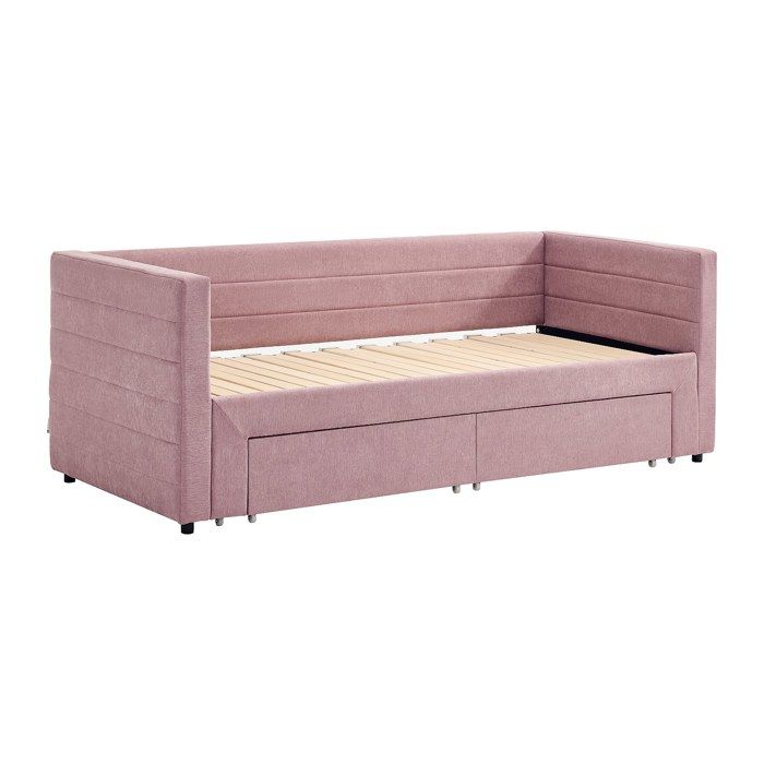 Lit gigogne 2 x 80 x 200 cm - Avec sommier peigne et tiroirs - Tissu texturé - Rose - CAMITY
