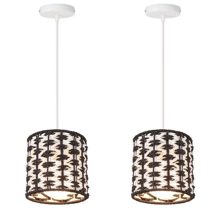 WOTTES Lot de 2 Lustres Suspensions Luminaire Style Scandinave - Noir Ø14.5CM - Effet Papier Tressé Design Plafonnier Pour Salon