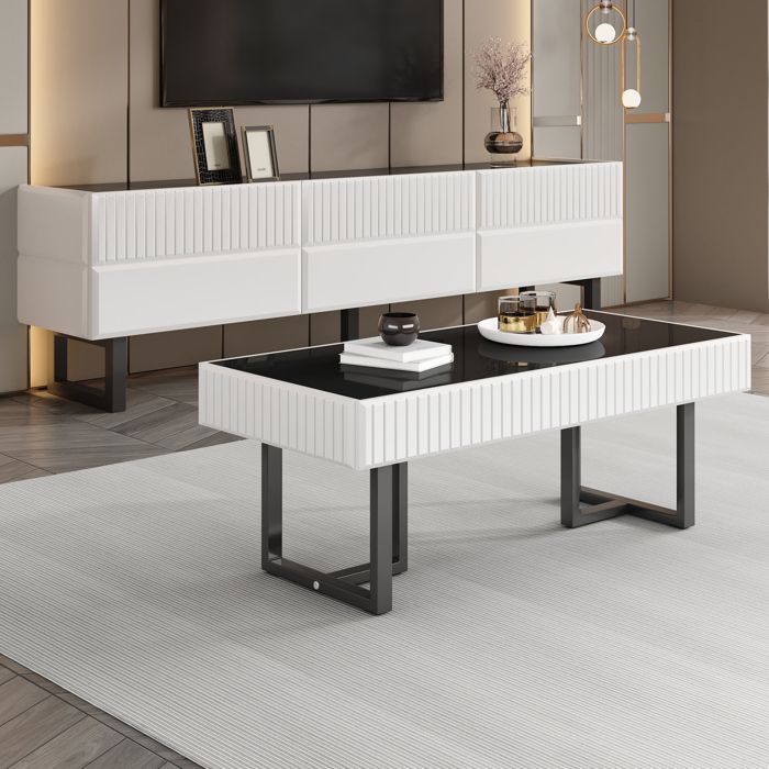 Ensemble meuble TV et table basse avec rangement motif rayé MDF et ...