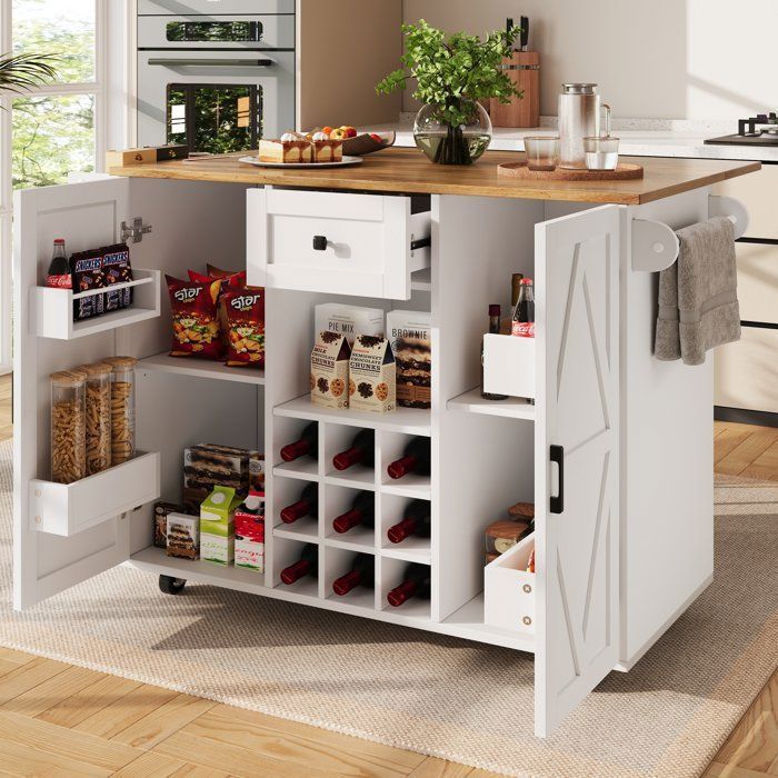 Desserte de Cuisine Blanc et Bois - Table Rabattable - Rangement Bouteilles - Tiroir - Îlot de Cuisine Mobile