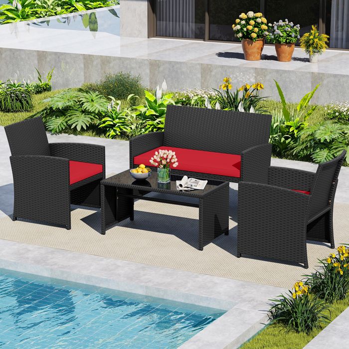 COSTWAY Ensemble de Table et Chaises de Jardin en Rotin PE 4 Pièces Canapé 2 Places Mobilier dExtérieur avec Coussins Rouge