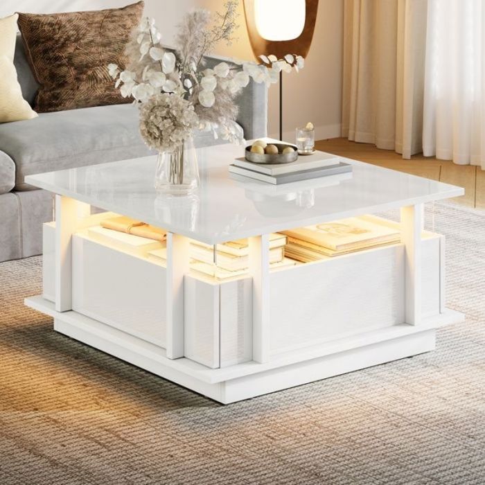 Table Basse de canapé moderne LED intégrée 2 tiroirs acrylique transparent Blanc haute brillance 70x70x35 cm blanc TABLE BASSE