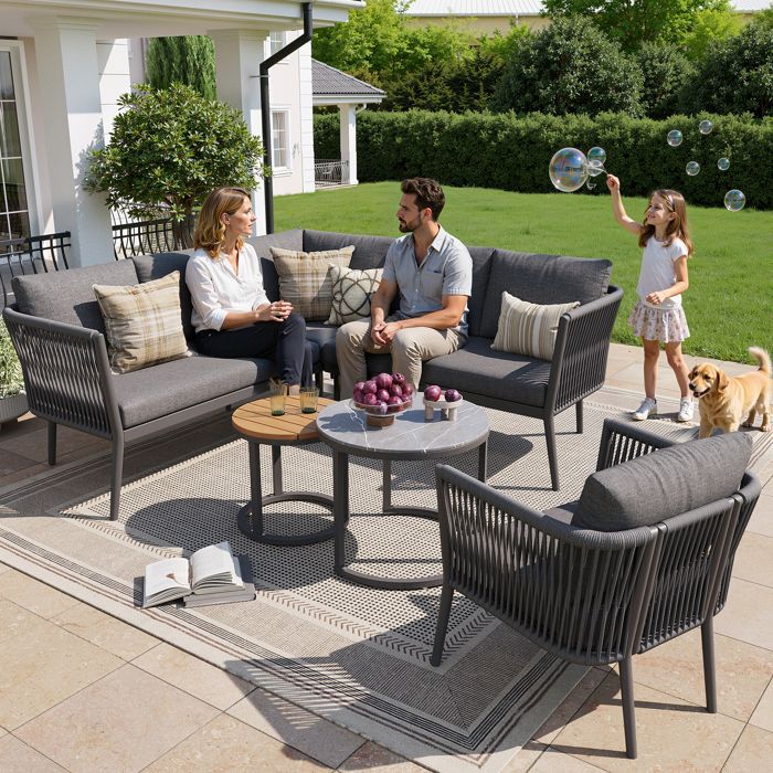 Salon de jardin - 6 pièces modulable - 5-6 personnes - Canapé dangle tressé gris - Coussins 8 cm déhoussables