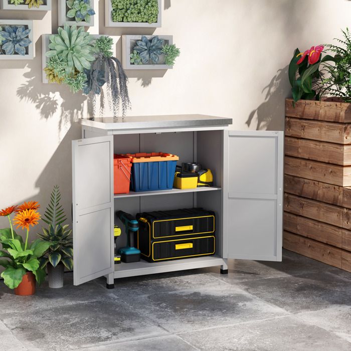 Armoire de jardin armoire extérieure avec plan de travail armoire à outils bois massif acier 79L x 43l x 92H cm Gris