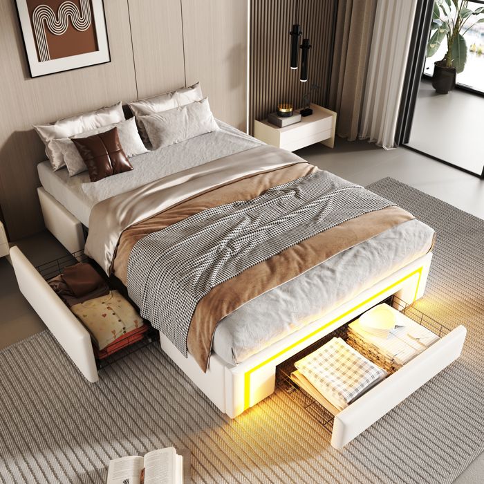 Cadre de lit avec tiroirs - 90x200 cm - Blanc - Cuir PU - Bande lumineuse LED - Sommier à lattes métalliques