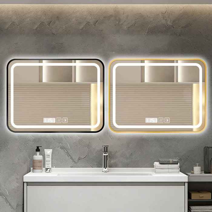 Miroir de salle de bain LED 50×80 cm réglage tricolore fonction anti-buée éclairage arrière bord doré