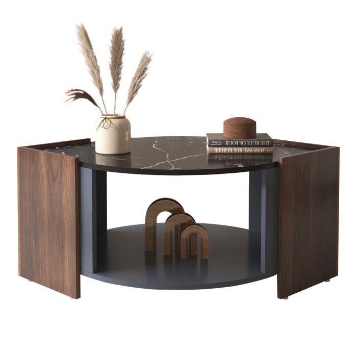 Table basse noire effet marbre et noyer avec rangement intégré