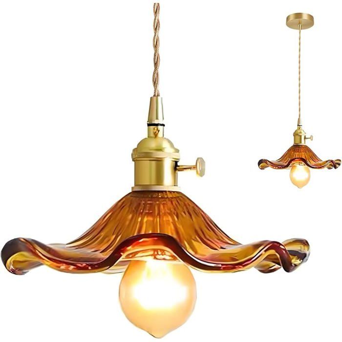 Suspension Luminaire Vintage Industrielle E27 Lustre à Fleurs Créatif Abat-jour en Verre Luminaire Ambre LUSTRE