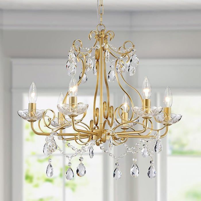 Lustre à bougie en cristal avec suspension et plafonnier encastré Luminaire moderne Or 6 Lumières H 57 1 Cm X L 55 1 Cm LUSTRE