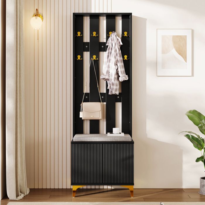 Meuble d’entrée vestiaire 60 5 x 35 2 x 180 5 cm avec banc coussin gris portes ondulées push-to-open noir et or
