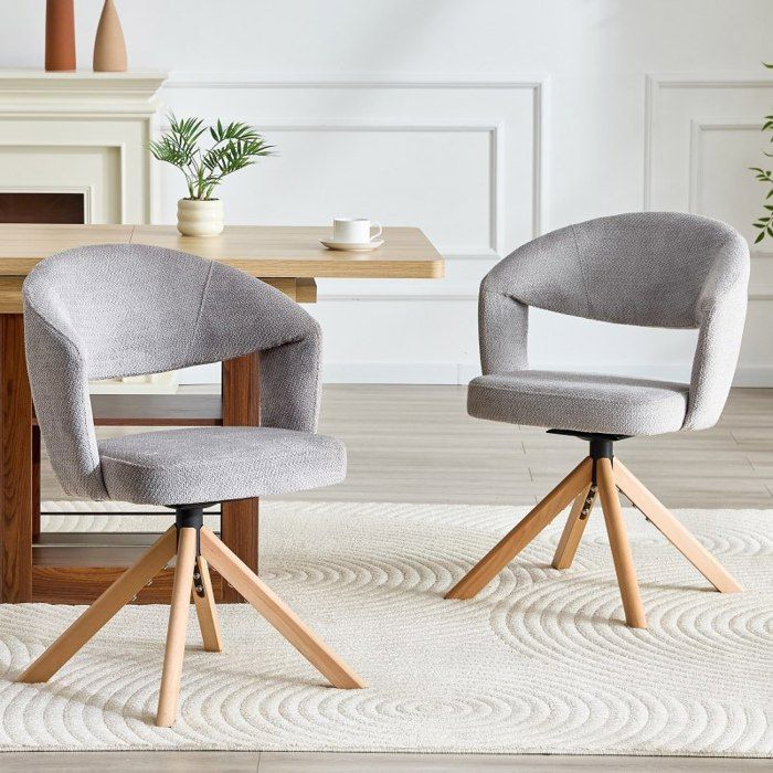 Lot de 2 chaises pivotantes vintage de luxe. Tissu gris pieds bois massif haut. 815 cm rotation 360° salon et salle à manger.
