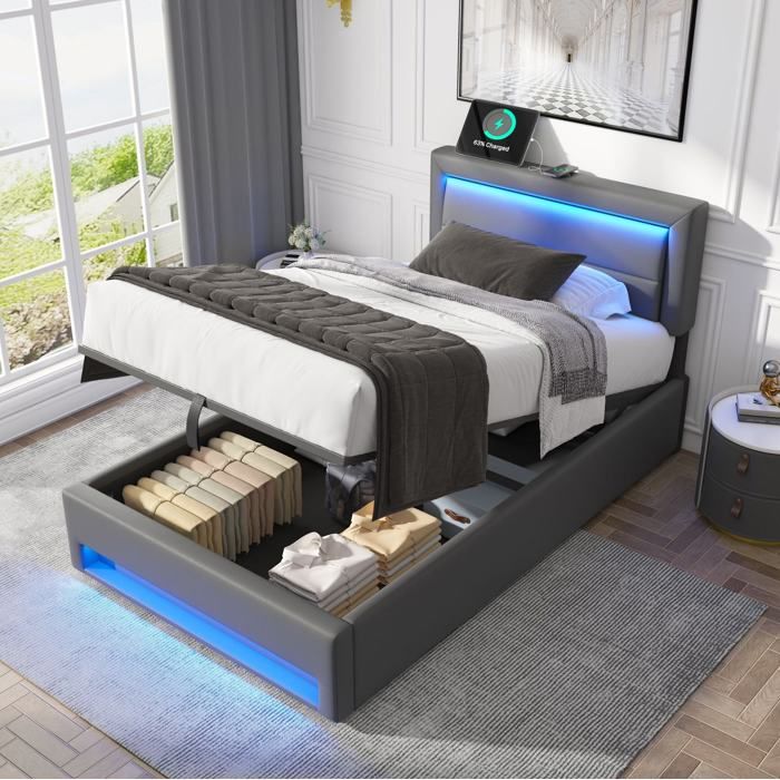 Lit simple rembourre 90 x 190 cm gris - sommier a lattes USB charge sans fil LED rangement sans matelas