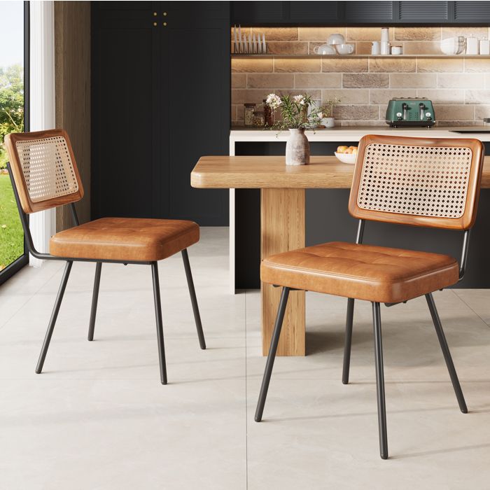 MEUBLIV Lot de 2 chaises de salle à manger 61x46x79 cm en PU marron dossier en rotin PE et pieds en métal