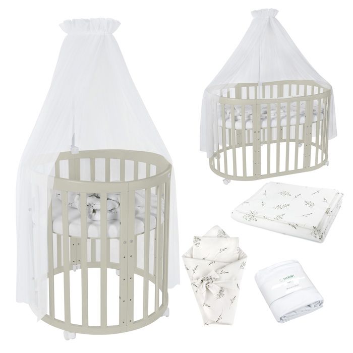 Waldin Lit Bébé Ovale 7en1 Évolutif Matelas - Olive - Ensemble Branches Blanc inclus