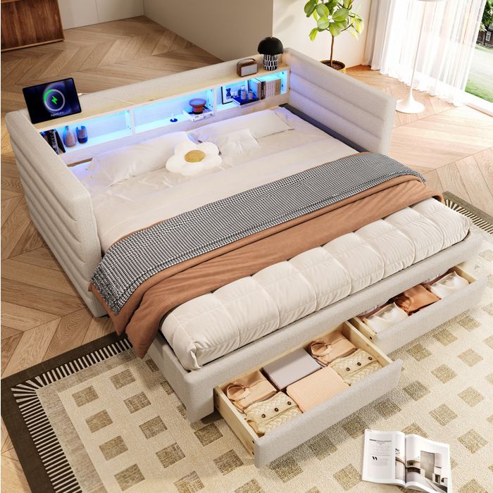 COVREO Lit gigogne 90 x 190 cm en velours beige avec LED USB Type-C 2 tiroirs et rangements