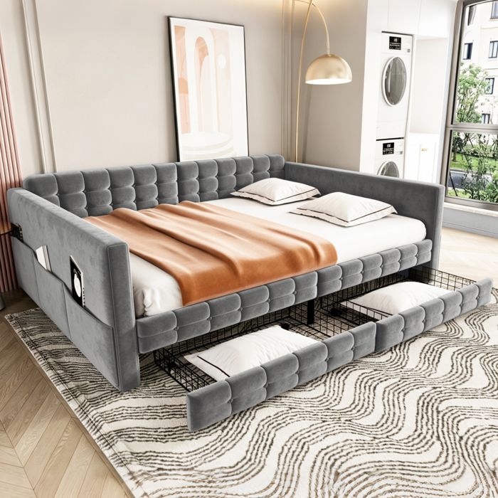 Lit capitonné - PAGE LIVING - 140x190 - Velours gris - Sommier à lattes - Rangements intégrés