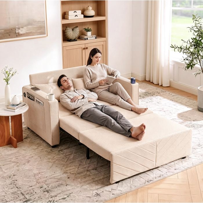 Canapé-lit convertible 3 en 1 AESVAR 2 places avec USB système coulissant tissu beige