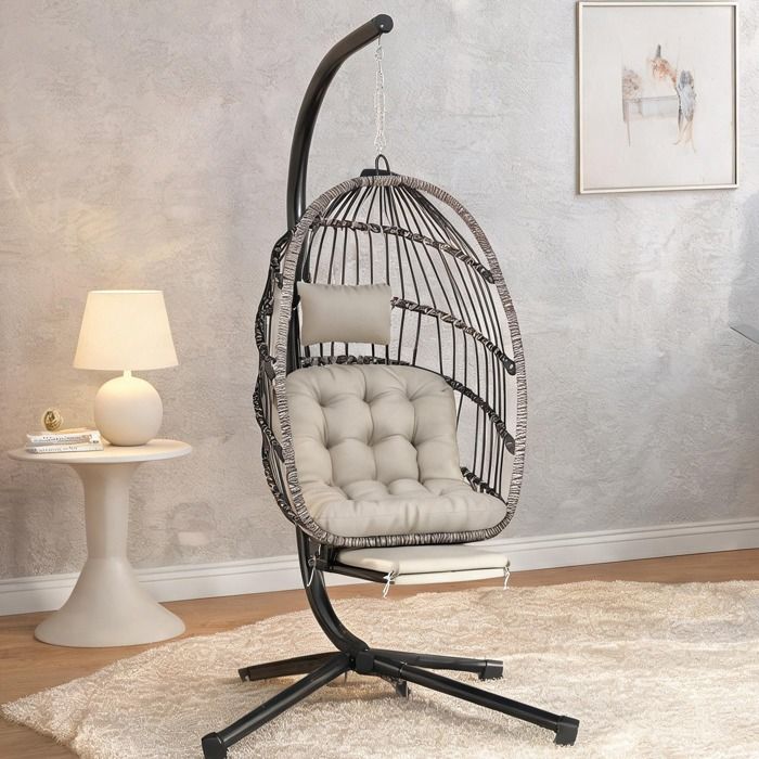 Fauteuil suspendu ovale avec repose-pieds rétractable acier galvanisé et coton PP gris clair 120 kg