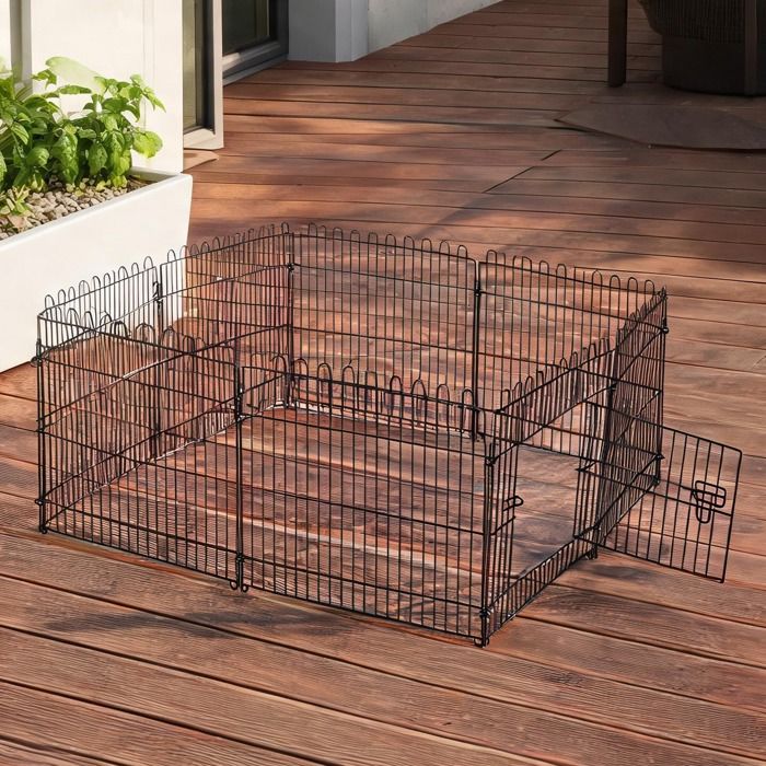 Enclos métal noir 8 panneaux Ø180 cm pour chiens et petits animaux intérieur et extérieur avec porte verrouillable
