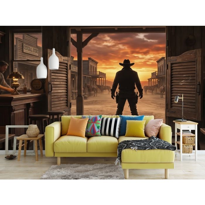 Papier Peint Intissé DOMEVISTA - Cow-boy solitaire à l entrée d un saloon au coucher du soleil - 350 x 260 cm - H1363