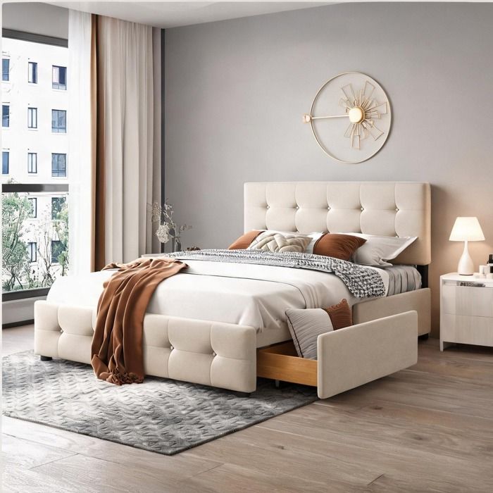 Sommier tapissier 140x200 cm en velours beige avec 4 tiroirs cadre en acier