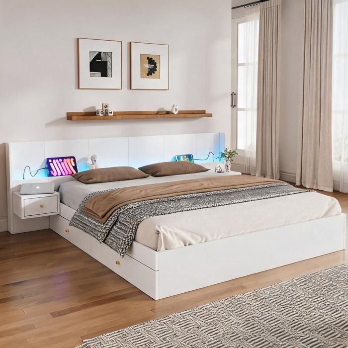 Lit double 180x200 cm blanc en MDF avec chevets intégrés tiroirs de rangement USB prises et éclairage LED connecté