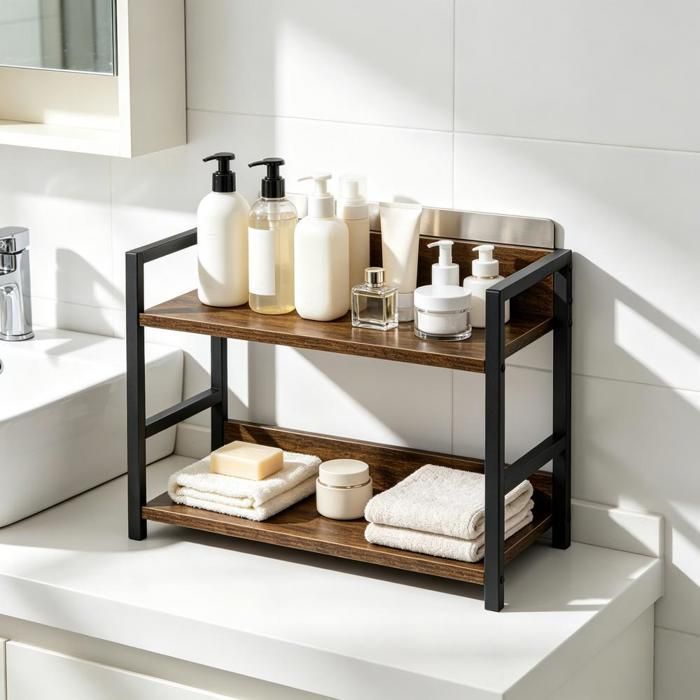 SUPFINE Etagère de Table Meuble de Rangement Organisateur de Comptoir pour Salle de Bain Coiffeuse et Cuisine Marron