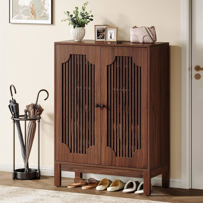 Meuble à Chaussures à 5 Niveaux avec persiennes Portes-20 Paires Armoire à Chaussures avec étagères réglables-Noyer (Marron)
