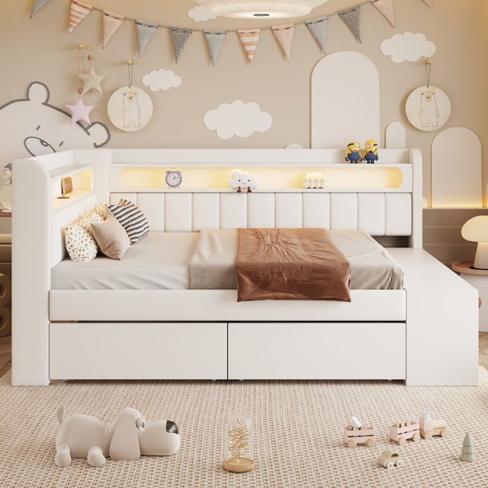 Lit 1 place 90x200 cm AESVAR avec USB LED 7 couleurs tiroirs et meuble à chaussures blanc