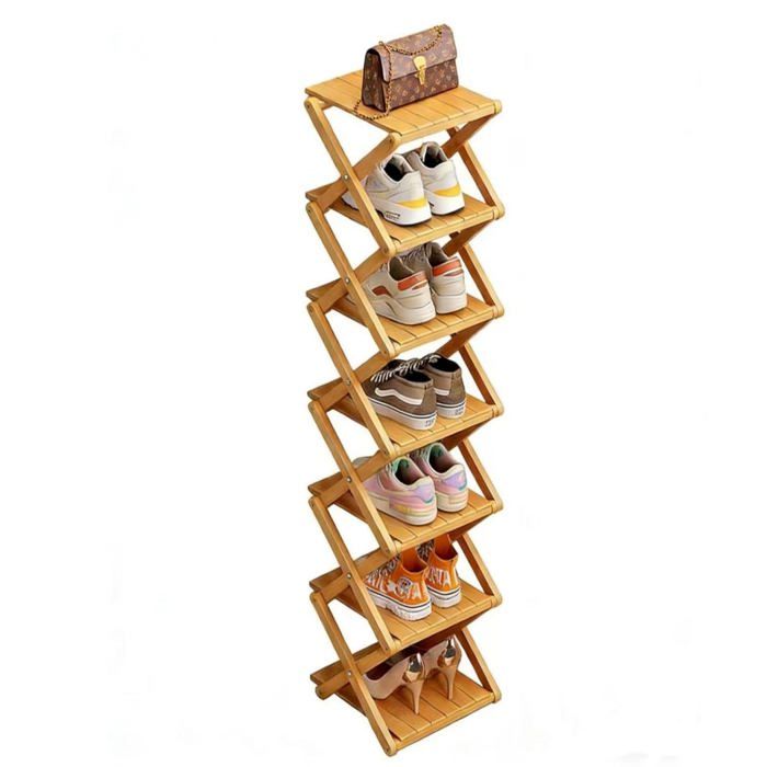 Étagère à chaussures en bambou pliable - 7 niveaux renforcée haute et étroite sans assemblage - capacité 20 kg
