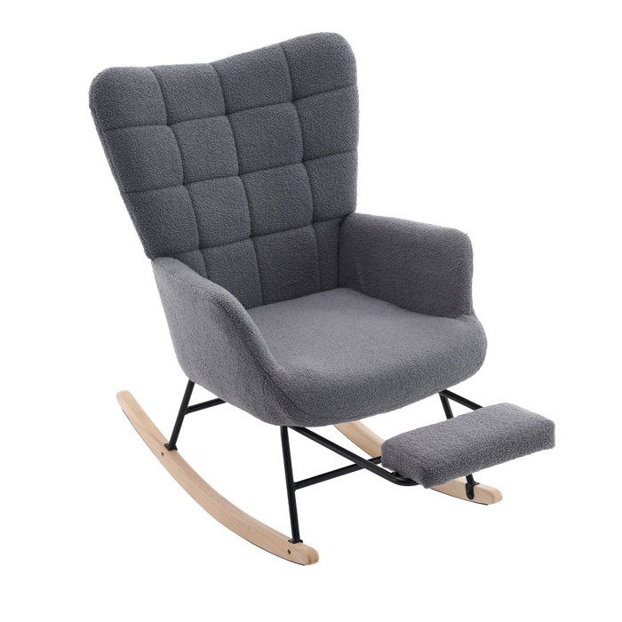 Fauteuil à bascule HAVRYA gris avec repose-pieds extensible revêtement Sherpa pieds à bascule en bois