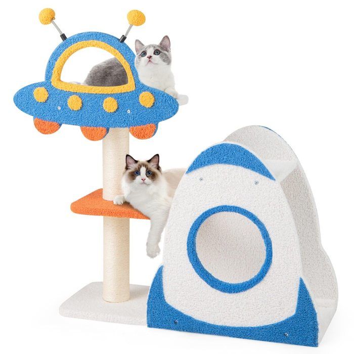 Arbre à chat 88 cm avec griffoirs en sisal niche fusée 2 niveaux et perchoir OVNI bleu pour intérieur