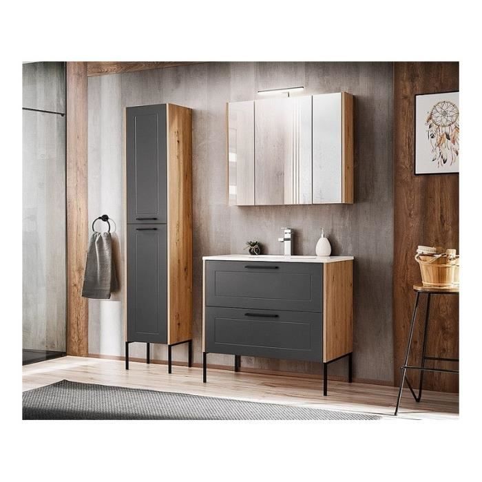 ensembles salle de bain - ensemble meuble vasque + armoire miroir + grande armoire - 80 cm - madera grey beige