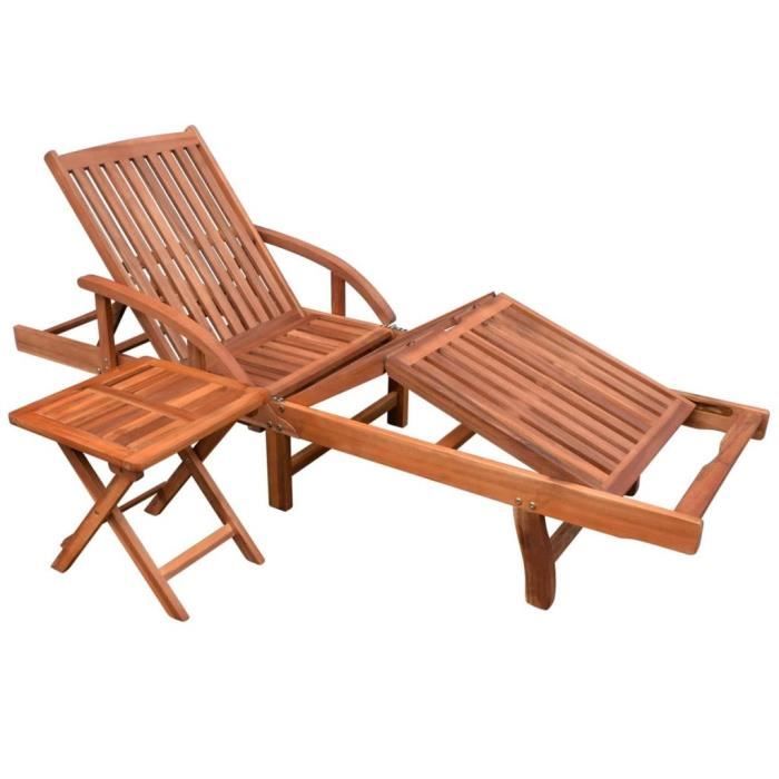 Chaise longue de jardin avec table Bois dacacia solide - Bains de soleil Fauteuil de Jardin Transat jardin