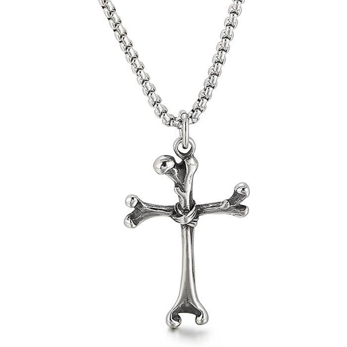 collier homme pendentif os croix acier inoxydable 5.2x3cm gothique