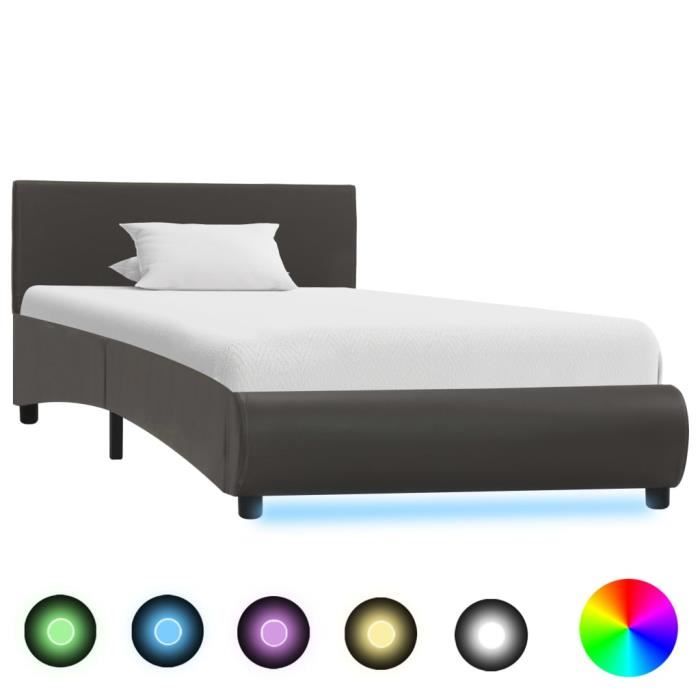 691•DEALS Lit Adulte 100x200 cm Lit simple SPECIAL - Cadre de Lit Sommier Inclus avec LED Gris Similicuir 100 x 200 cm