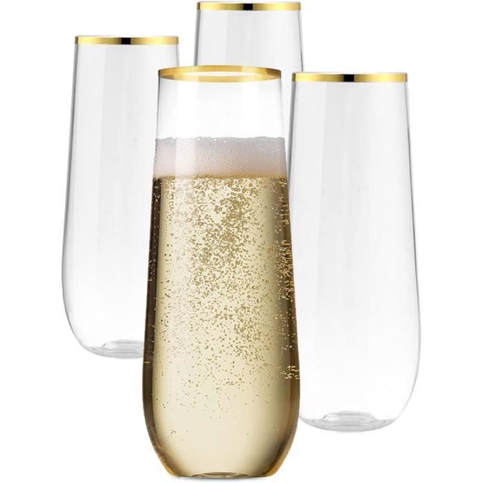 Lot de 4 flûtes à champagne en plastique sans pied 255 ml Bord doré