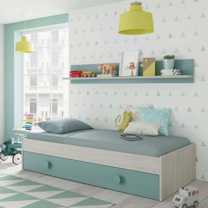 Dmora - Lit enfant Aqua 201 x 98 x h 43 cm blanc vert aqua Panneau effet bois