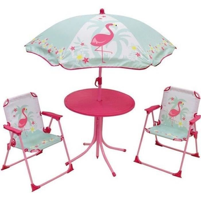 FUN HOUSE 713088 FLAMANT ROSE Salon de jardin avec une table, 2 chaises pliables et un parasol pour 
