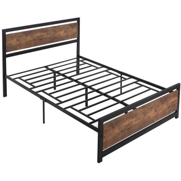 lit double en métal avec sommier et tête de lit - homcom - industriel - loft - marron - 140 x 190 cm