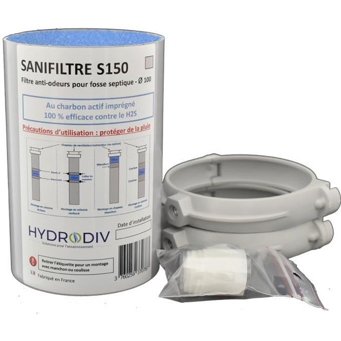 SANIFILTRE S150 + kit montage colonne, filtre anti-odeurs fosse septique diamètre 100, gris